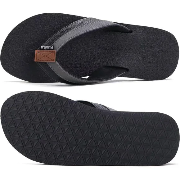 👑Men's Flip Flop Sandal Black Grey Leather Slip On Arch Support Comfortable